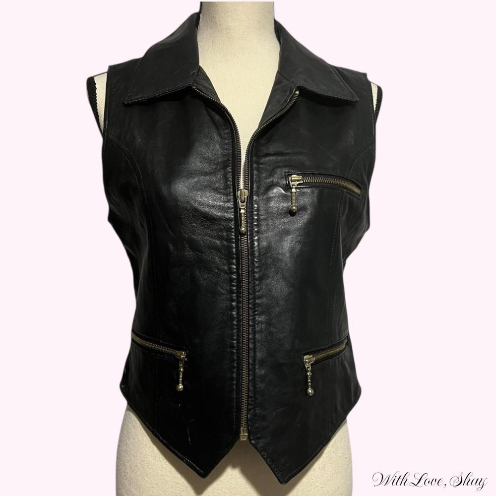 80s/90s vintage black 100% leather zip up vest